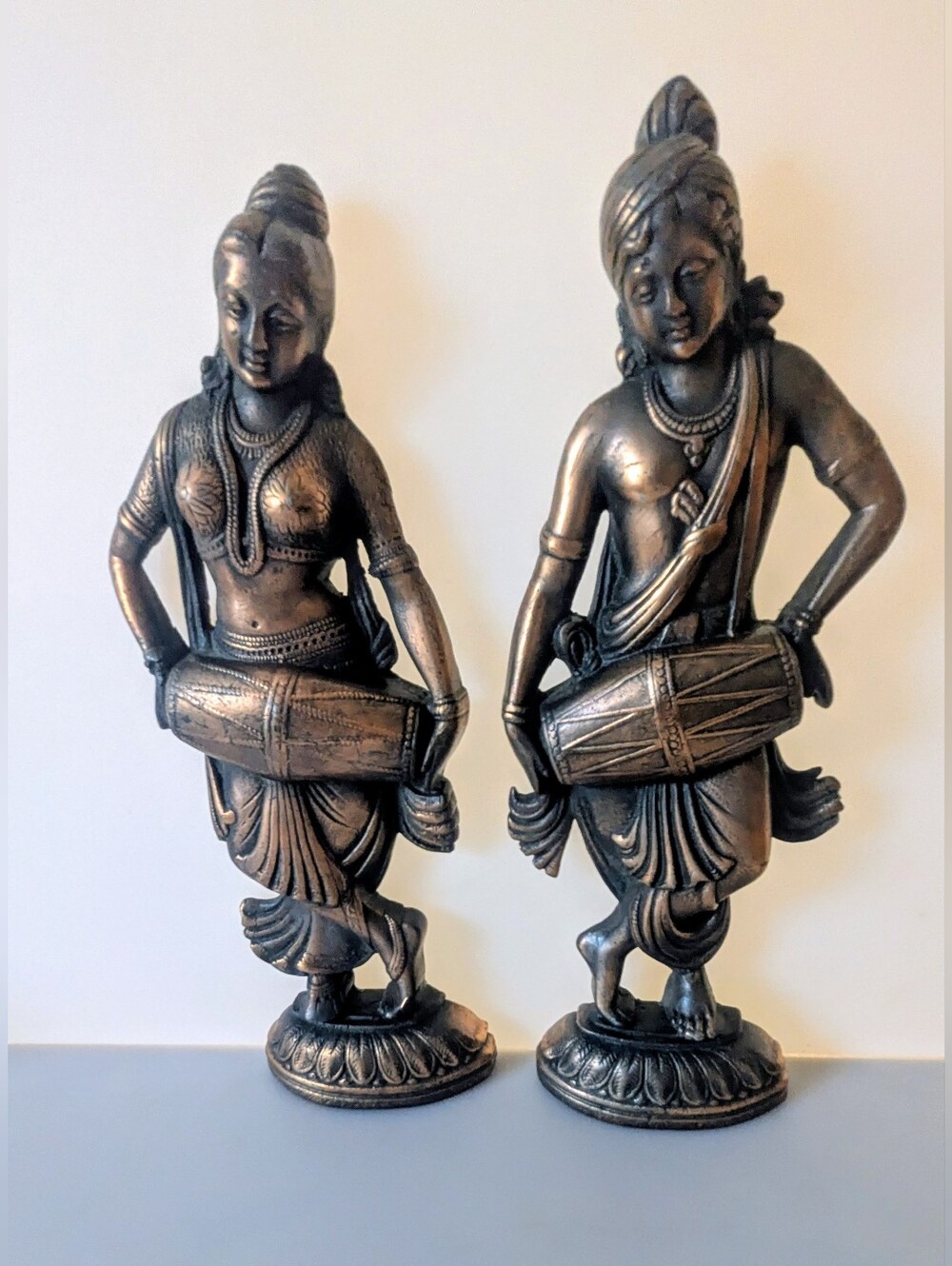 Set of 2 Vintage Handmade Metal Cast Dancing Goddess Figurines 13" x 4.5"